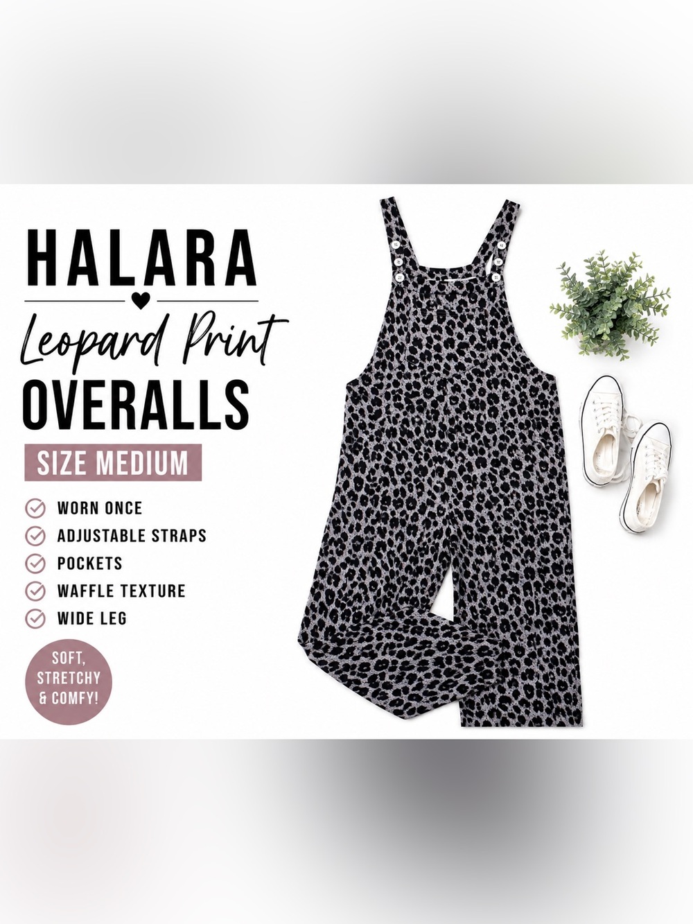 HALARA Leopard Print Waffle Overalls Medium M Noir Safari Wide Leg